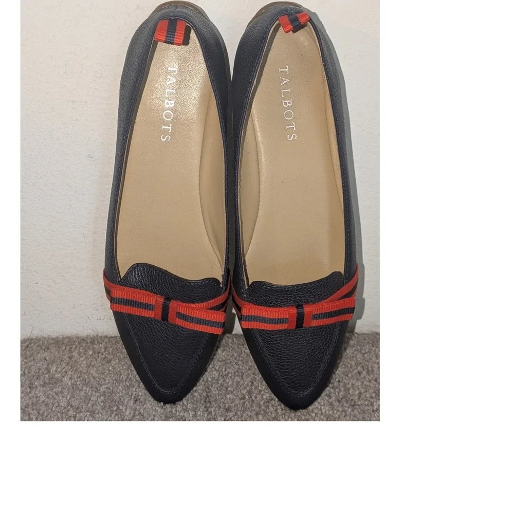 Talbots‎ Navy Blue Pebbled Leather Pointed Toe Loafers Striped Bow 6.5M Womens